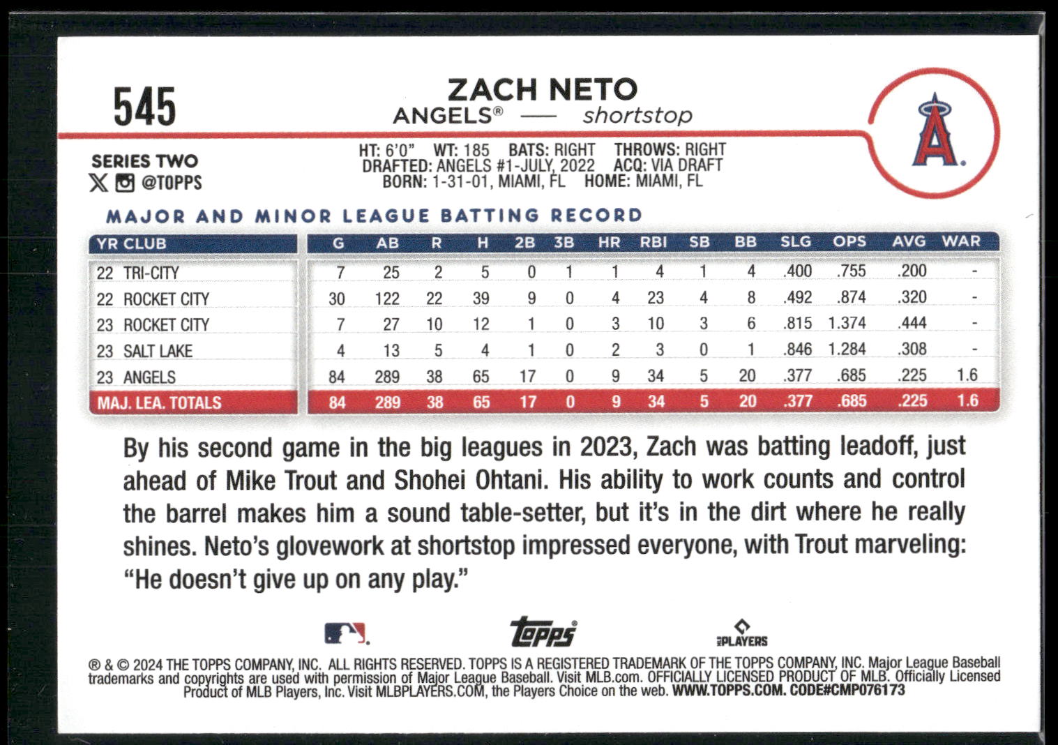 2024 Topps #545 Zach Neto Royal Blue