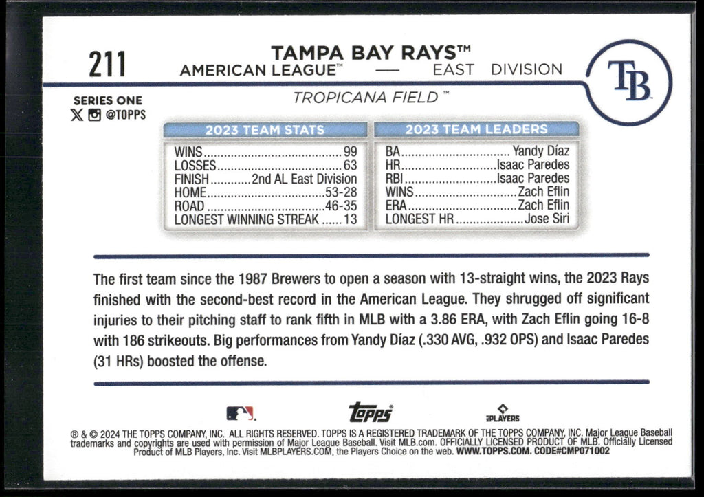 2024 Topps #211 Tampa Bay Rays Royal Blue