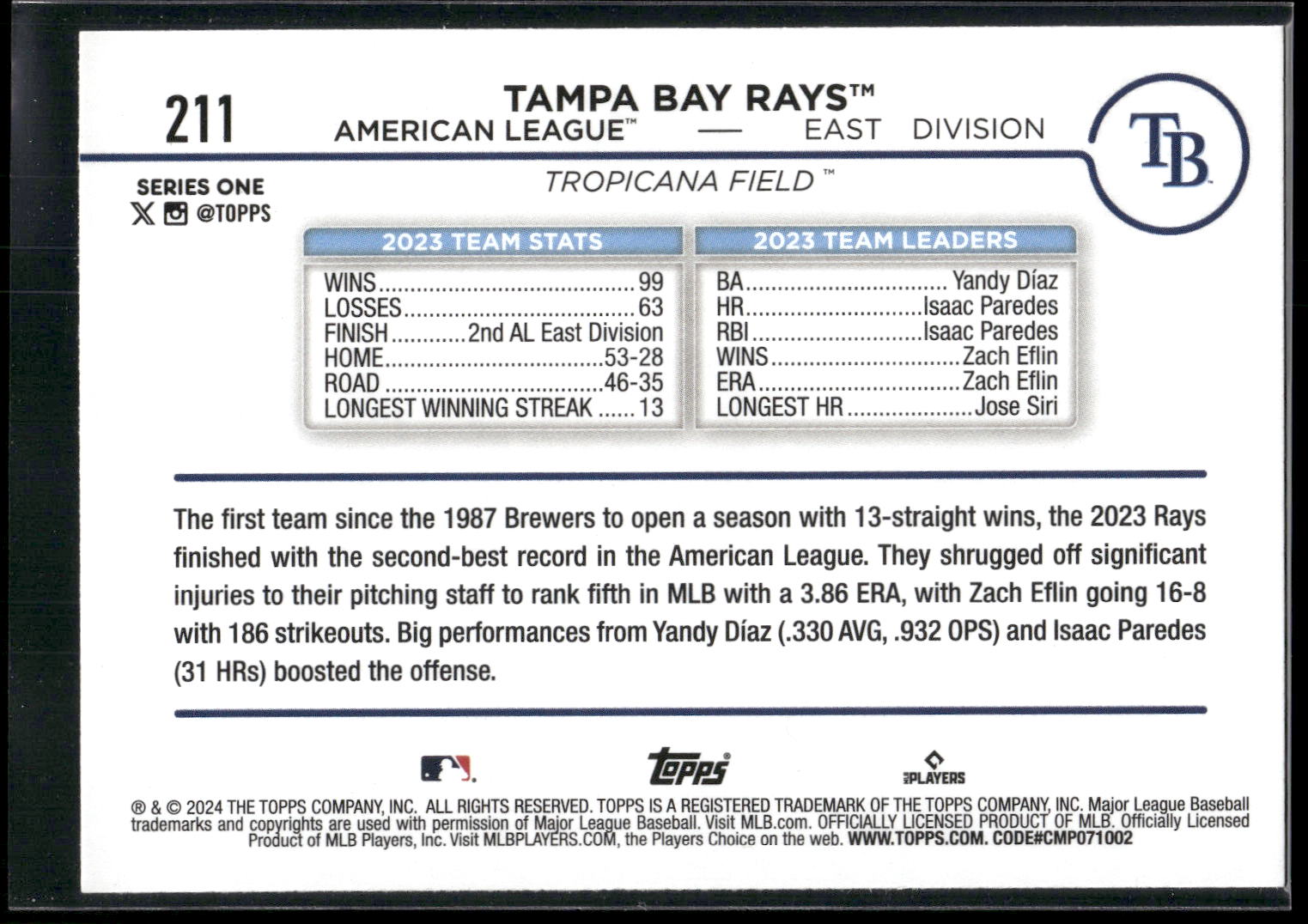 2024 Topps #211 Tampa Bay Rays Royal Blue