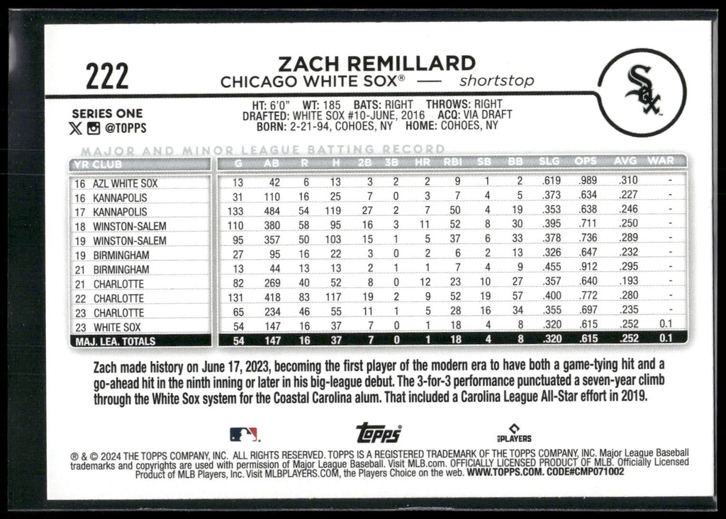 2024 Topps #222 Zach Remillard Royal Blue