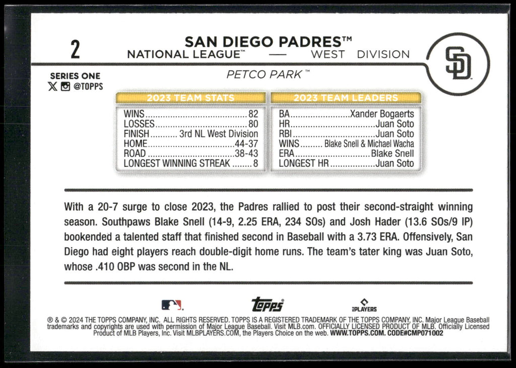 2024 Topps #2 San Diego Padres Royal Blue