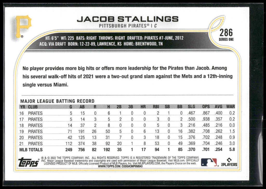 2022 Topps #286 Jacob Stallings Royal Blue