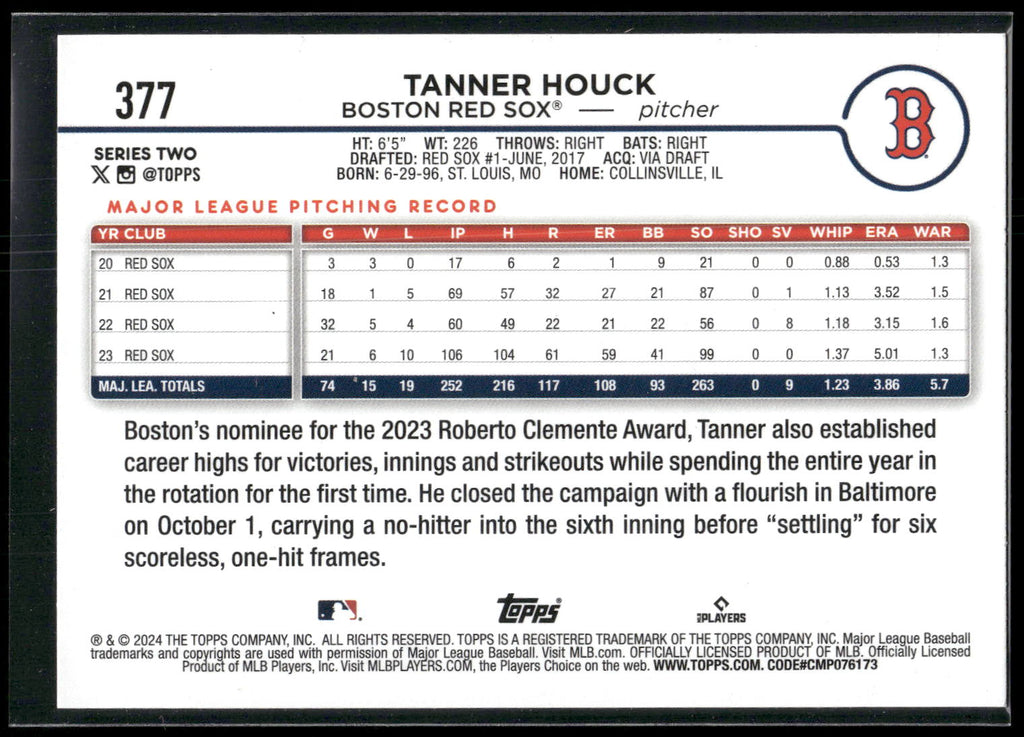 2024 Topps #377 Tanner Houck Royal Blue