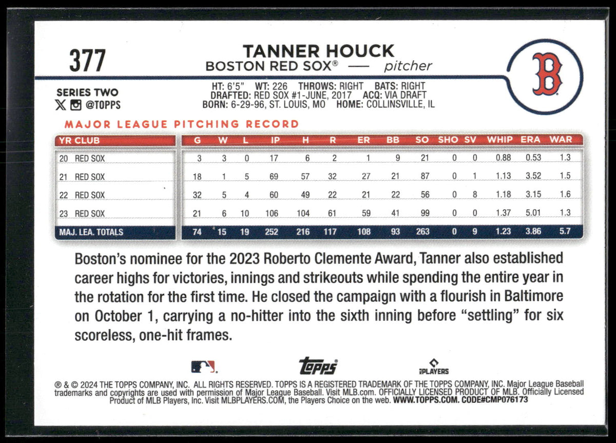 2024 Topps #377 Tanner Houck Royal Blue