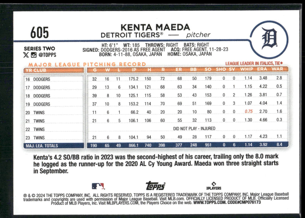 2024 Topps #605 Kenta Maeda Royal Blue