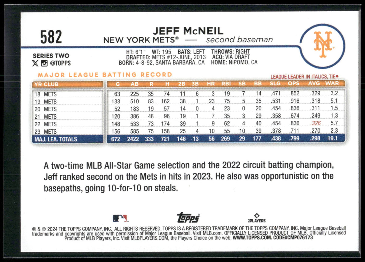 2024 Topps #582 Jeff McNeil Royal Blue