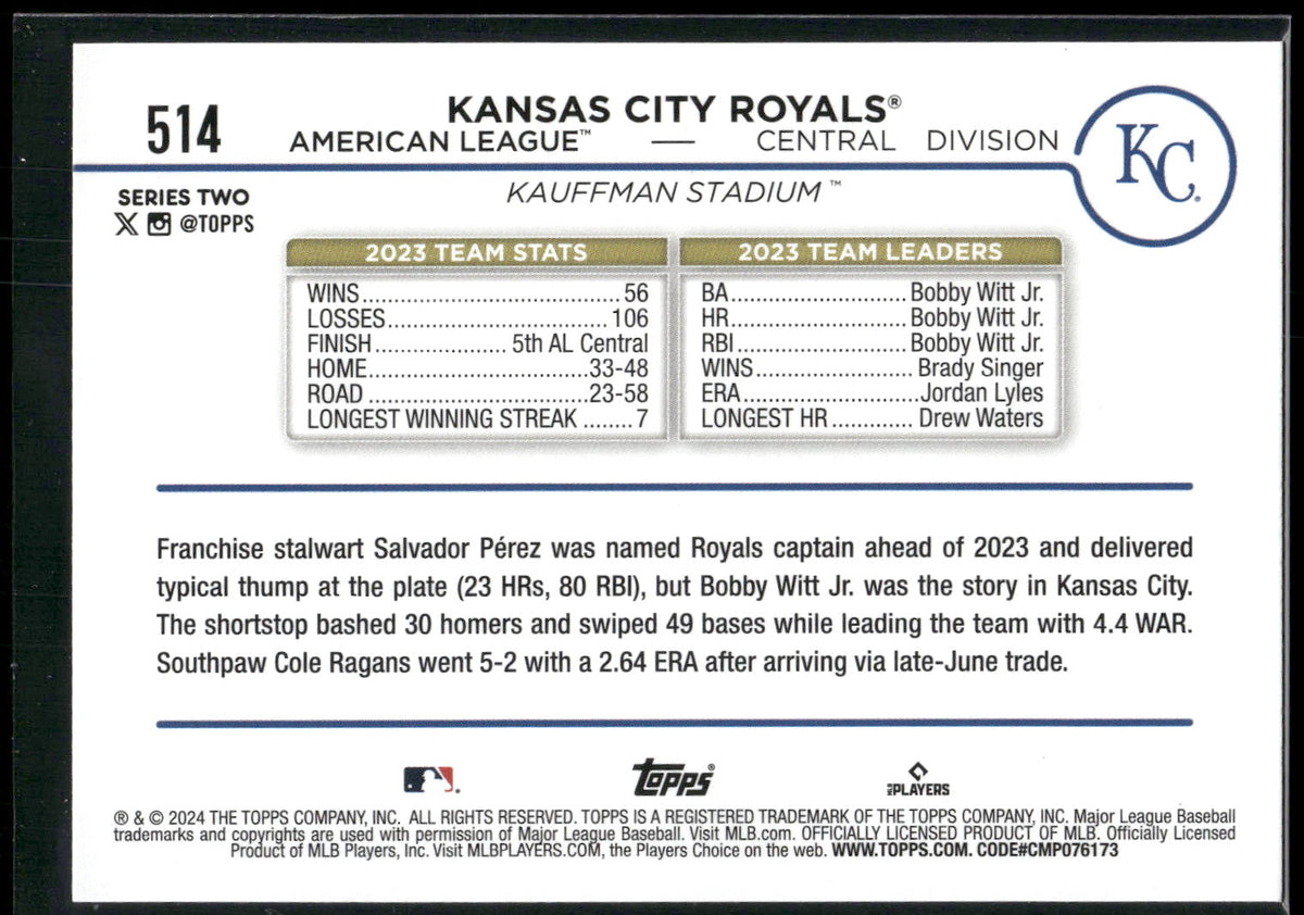 2024 Topps #514 Kansas City Royals Royal Blue