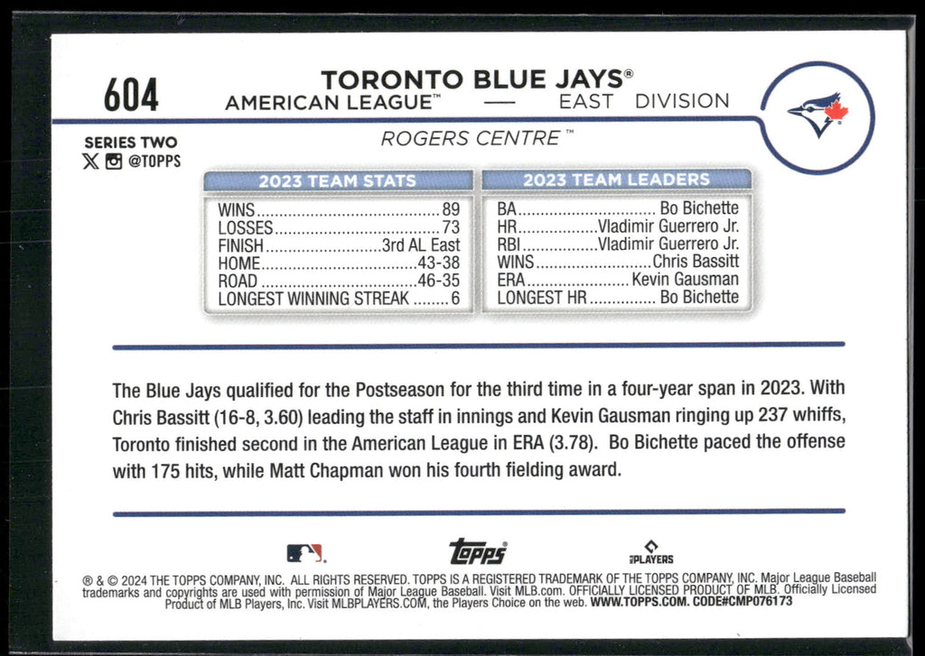2024 Topps #604 Toronto Blue Jays Royal Blue