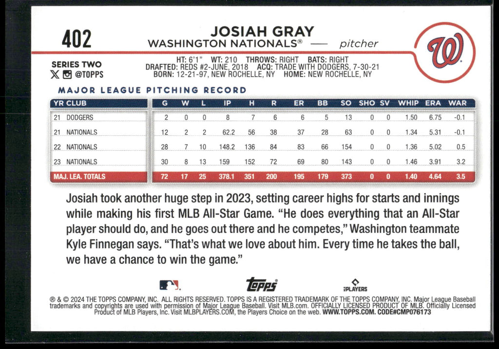 2024 Topps #402 Josiah Gray Yellow