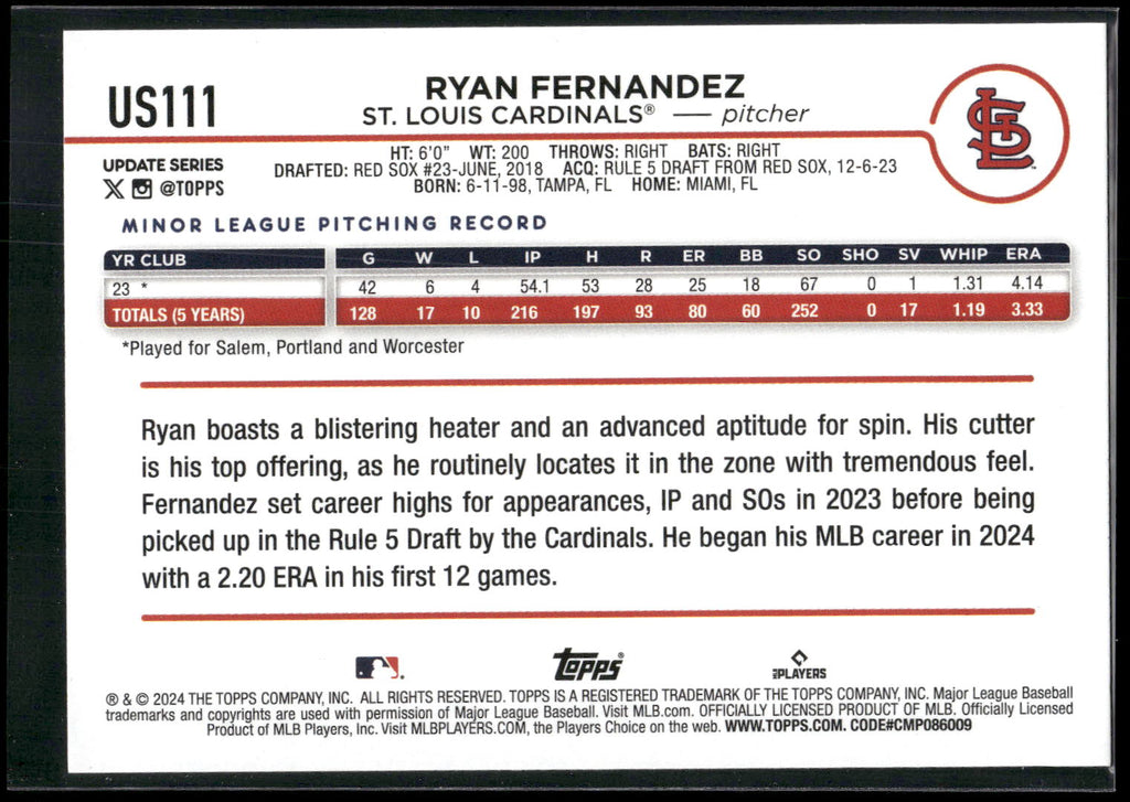 2024 Topps Update #US111 Ryan Fernandez Yellow