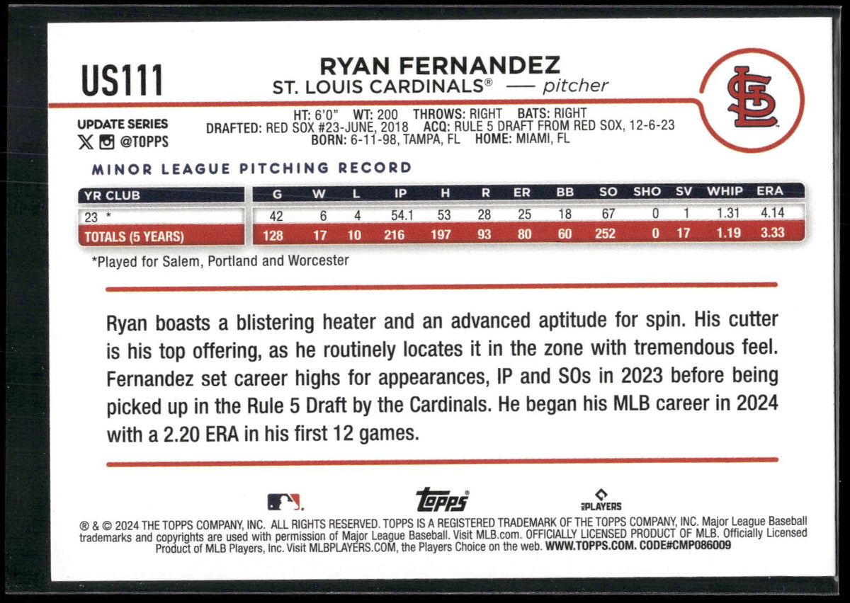 2024 Topps Update #US111 Ryan Fernandez Yellow