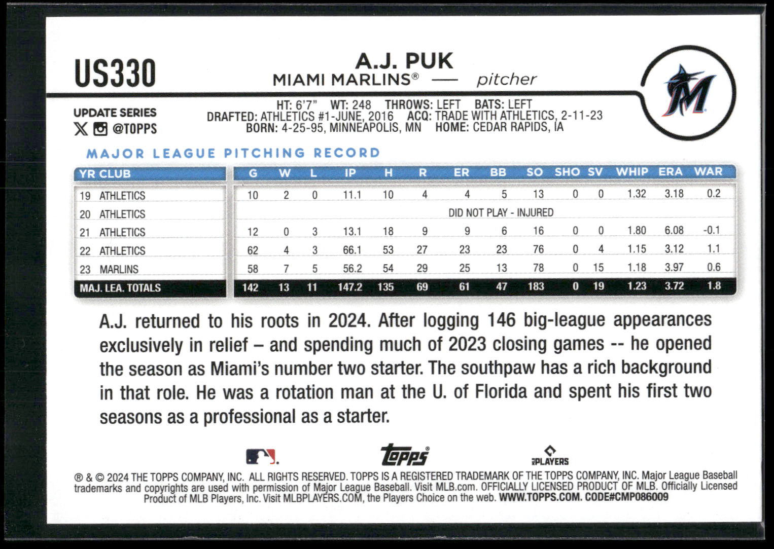 2024 Topps Update #US330 A.J. Puk Yellow