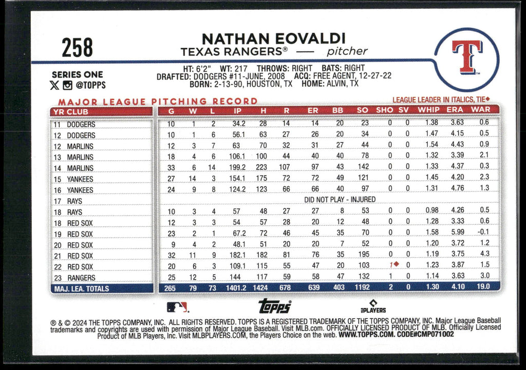 2024 Topps #258 Nathan Eovaldi Yellow