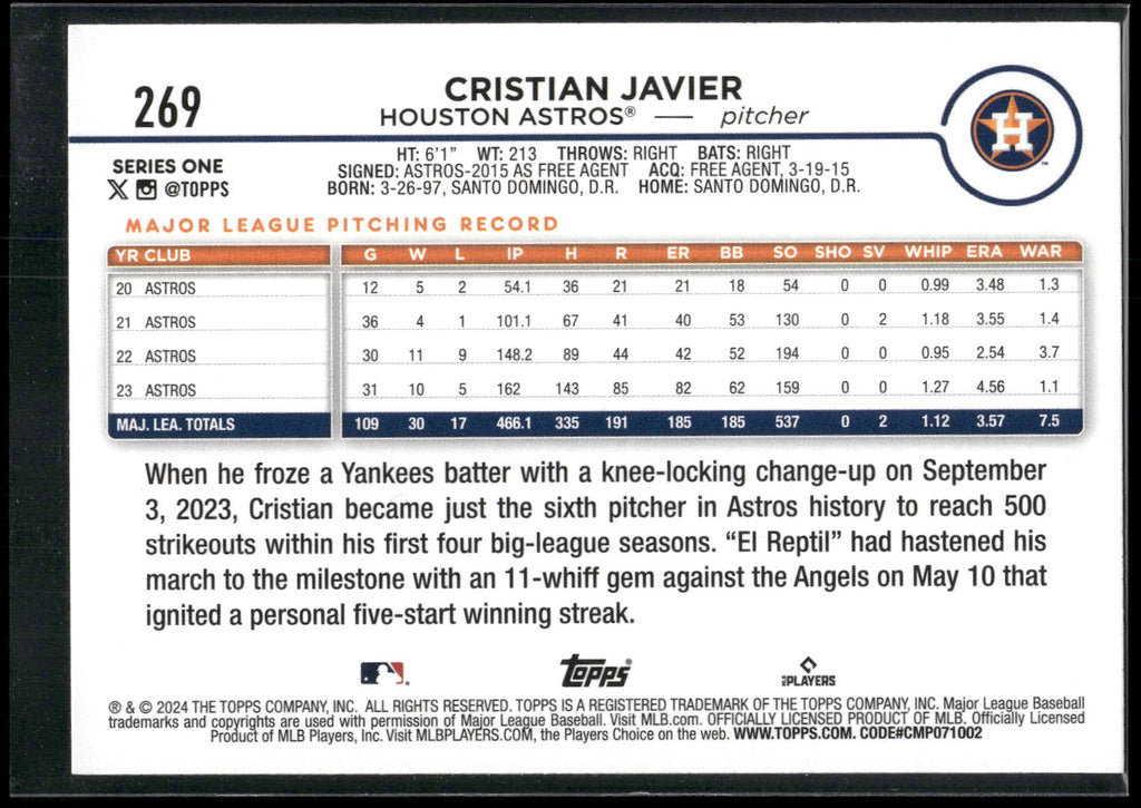 2024 Topps #269 Cristian Javier Yellow