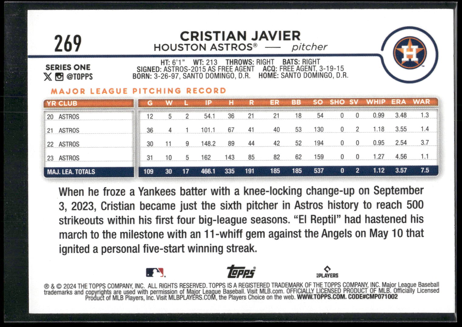 2024 Topps #269 Cristian Javier Yellow