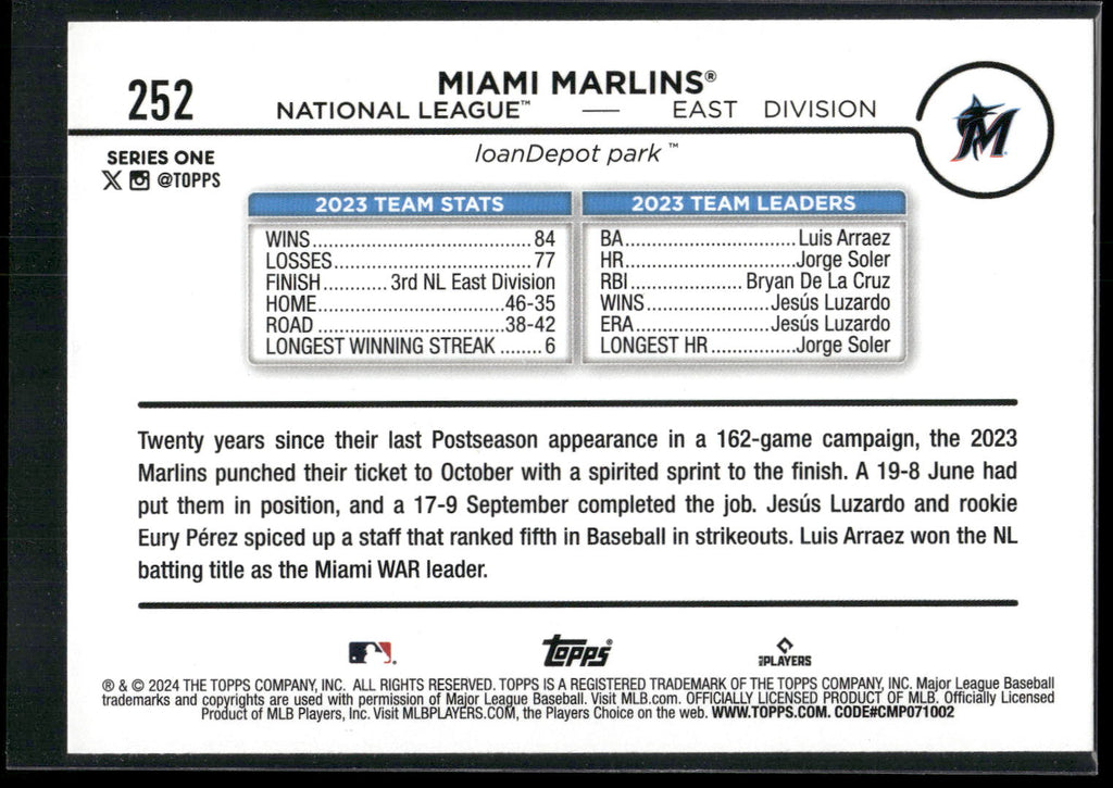 2024 Topps #252 Miami Marlins Yellow