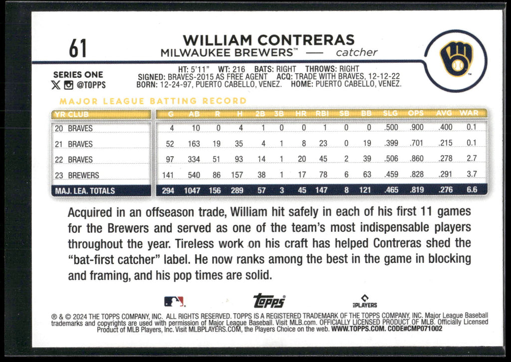 2024 Topps #61 William Contreras Yellow