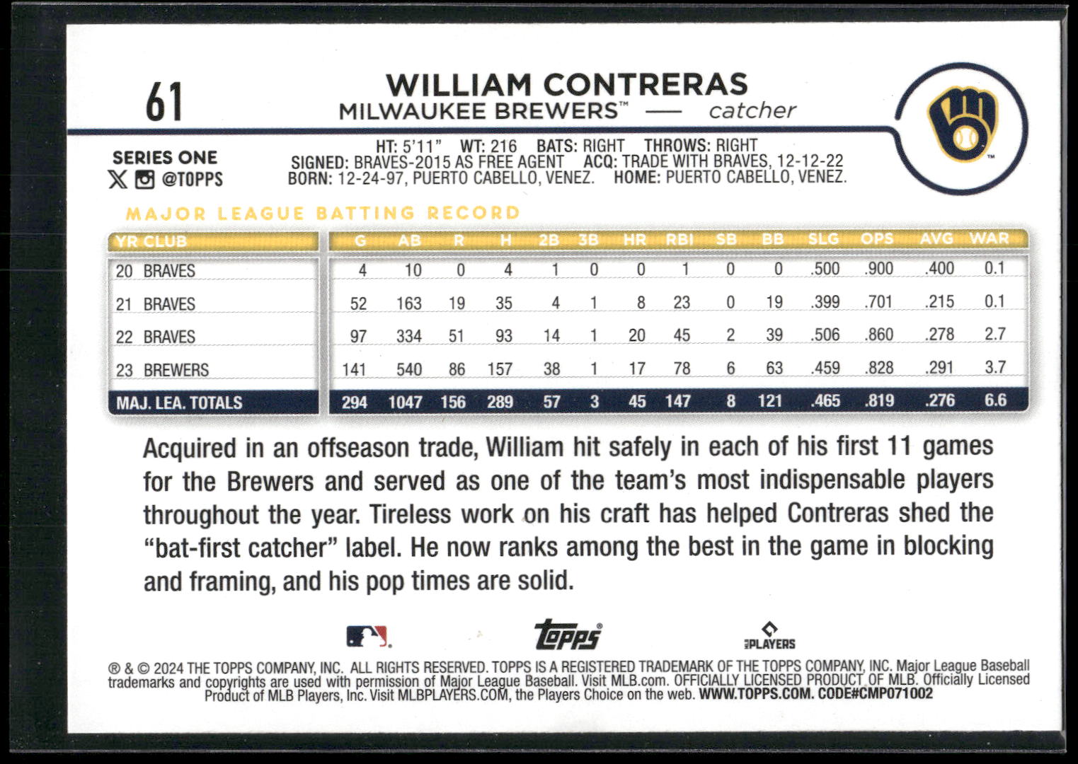 2024 Topps #61 William Contreras Yellow