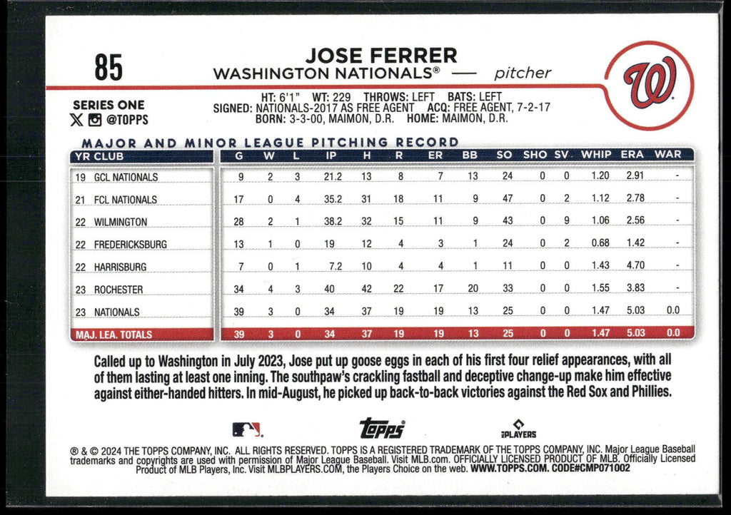 2024 Topps #85 Jose Ferrer Yellow