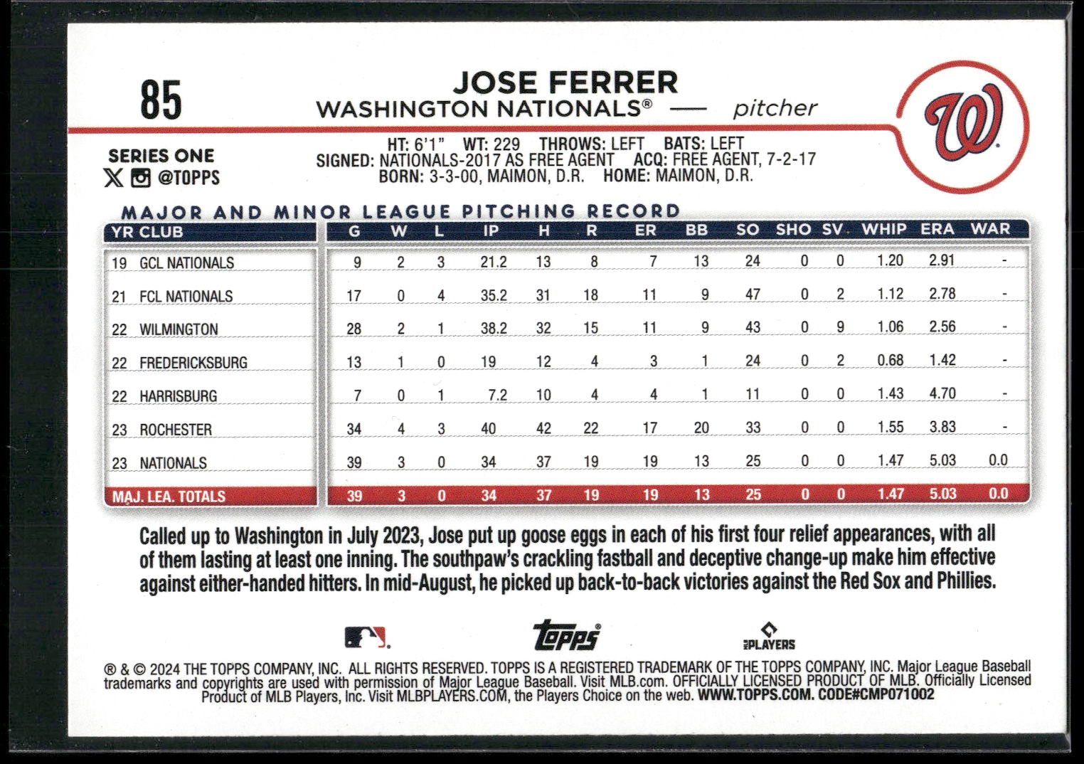 2024 Topps #85 Jose Ferrer Yellow