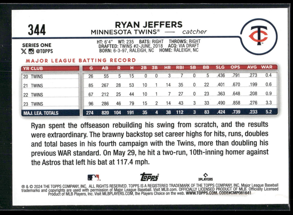 2024 Topps #344 Ryan Jeffers Holiday