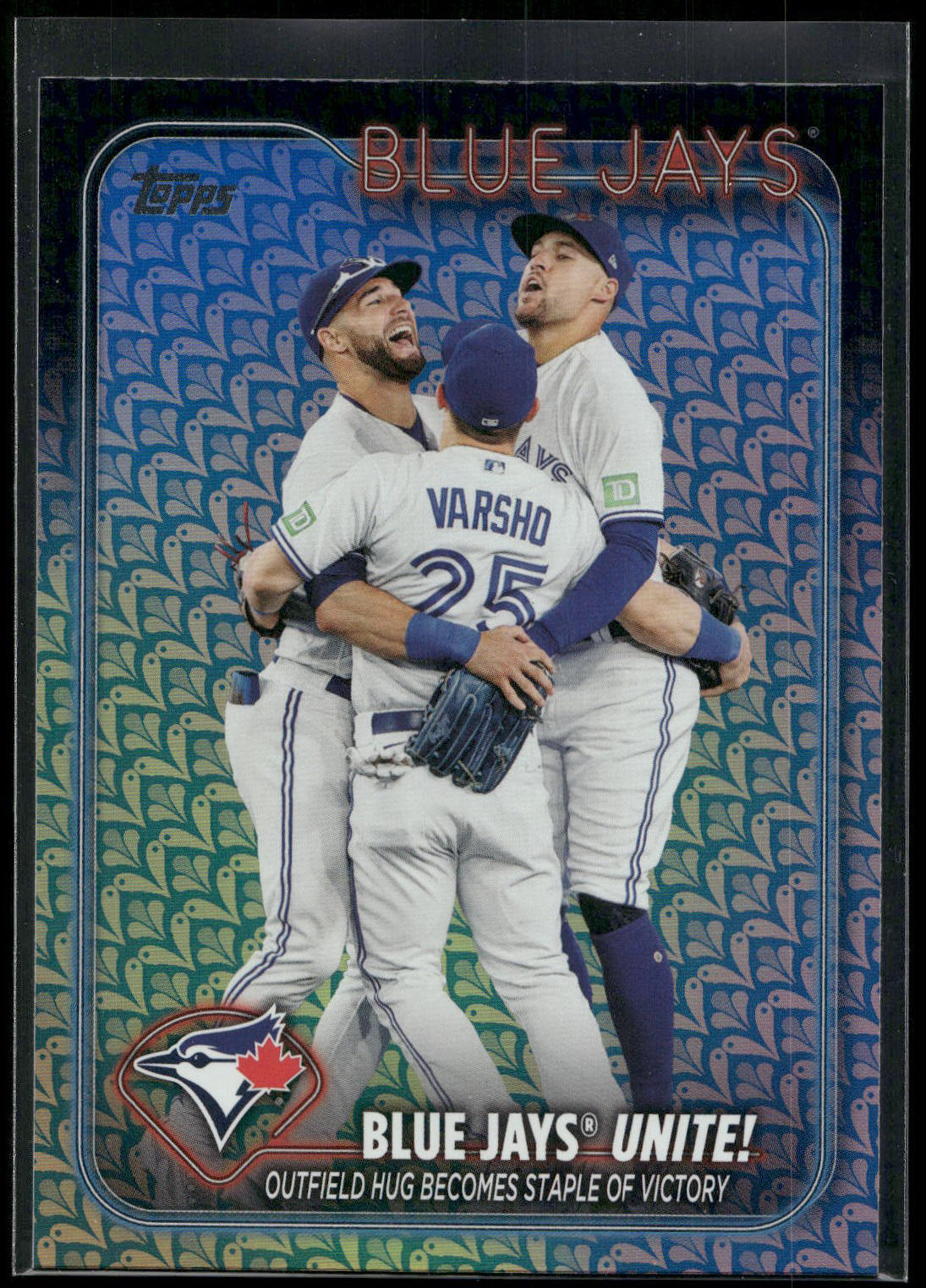 2024 Topps #167 Blue Jays Unite!: Outfield Hug Becomes Staple of Victory Holiday
