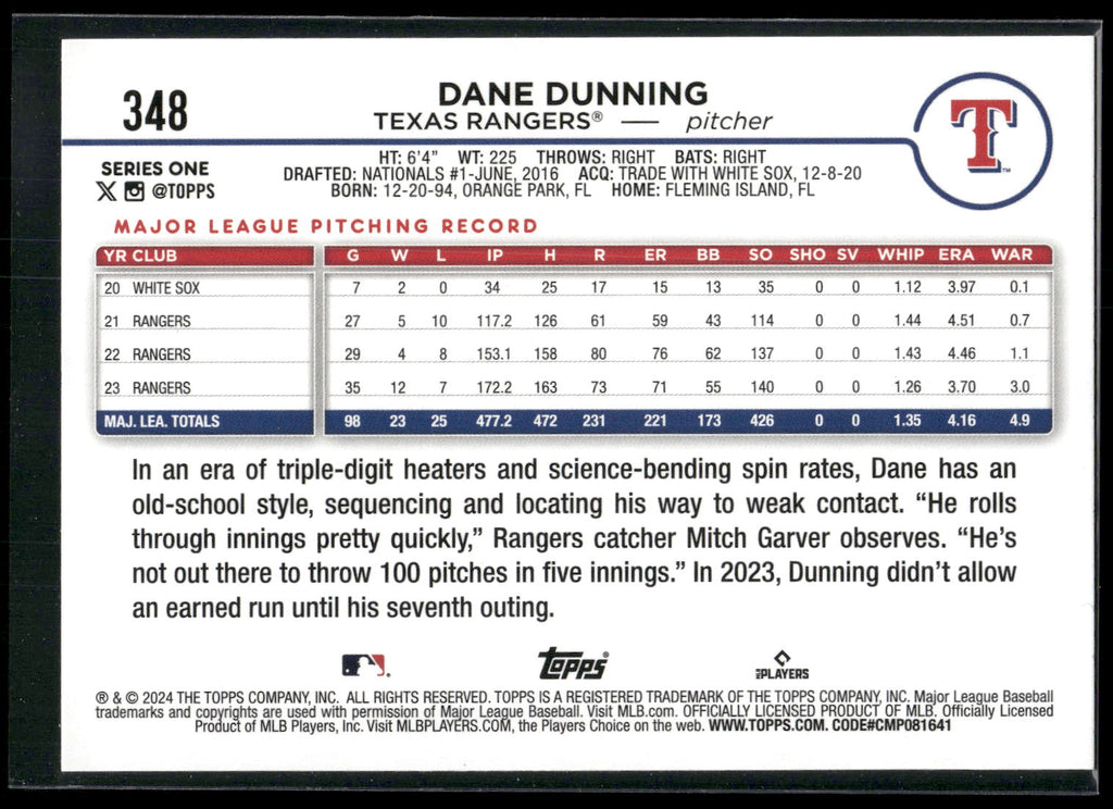 2024 Topps #348 Dane Dunning Holiday