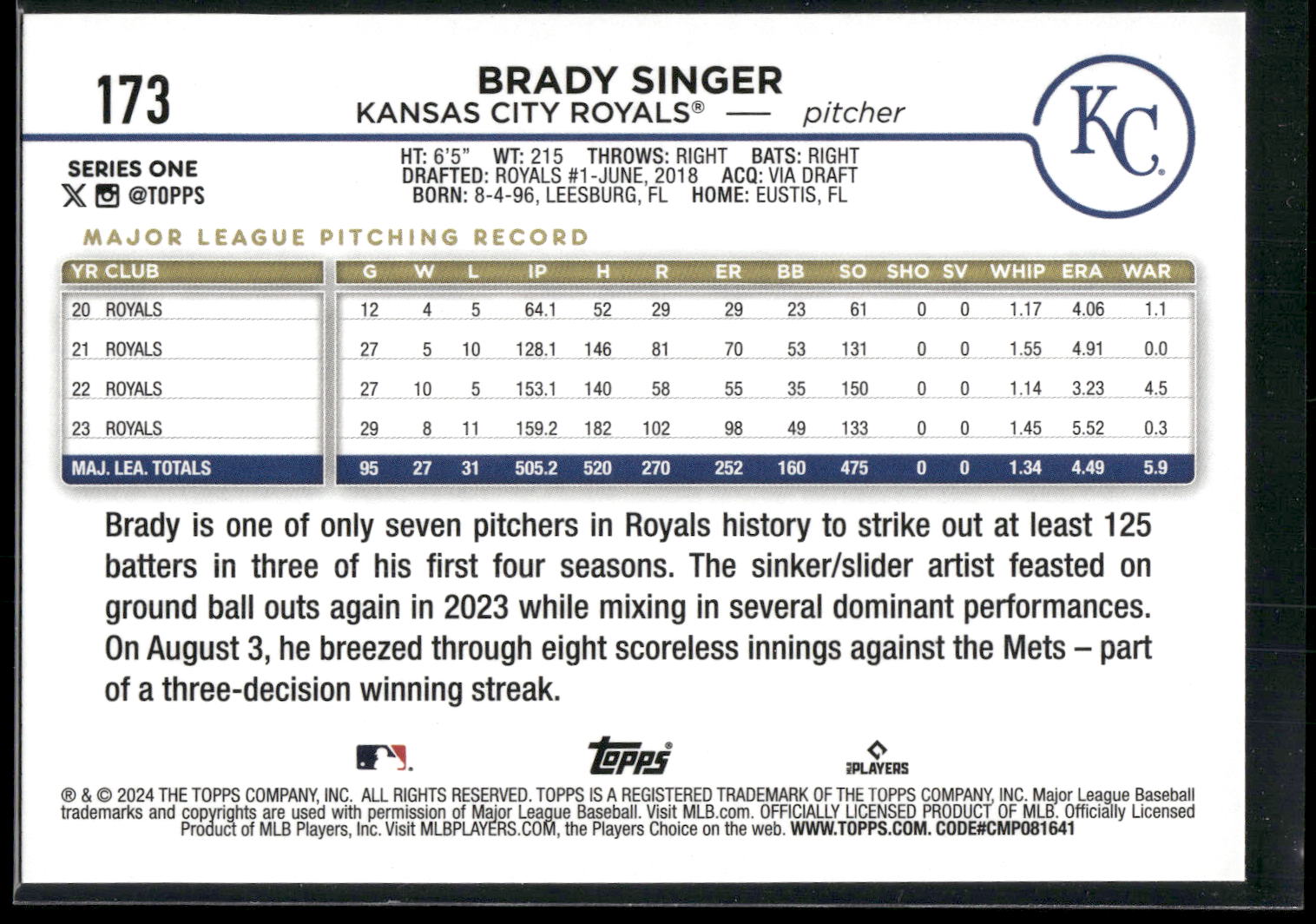 2024 Topps #173 Brady Singer Holiday