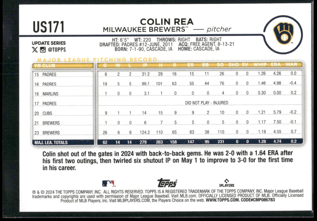 2024 Topps Update #US171 Colin Rea Holiday