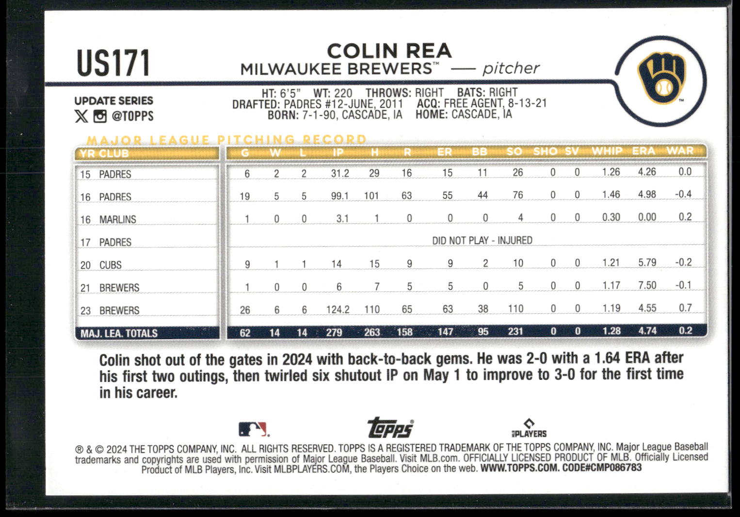 2024 Topps Update #US171 Colin Rea Holiday