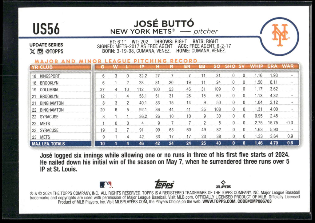 2024 Topps Update #US56 Jose Butto Holiday