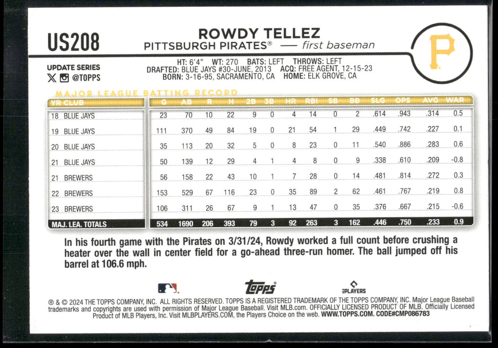 2024 Topps Update #US208 Rowdy Tellez Holiday