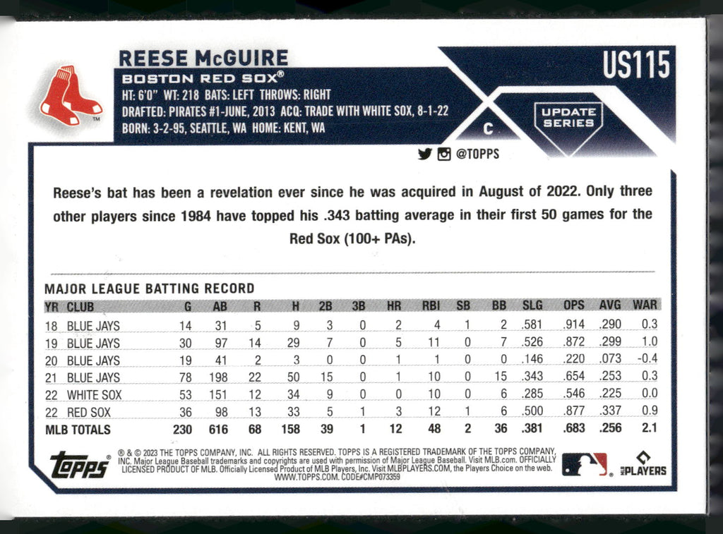 2023 Topps Update #US115 Reese McGuire Orange and Black Foil
