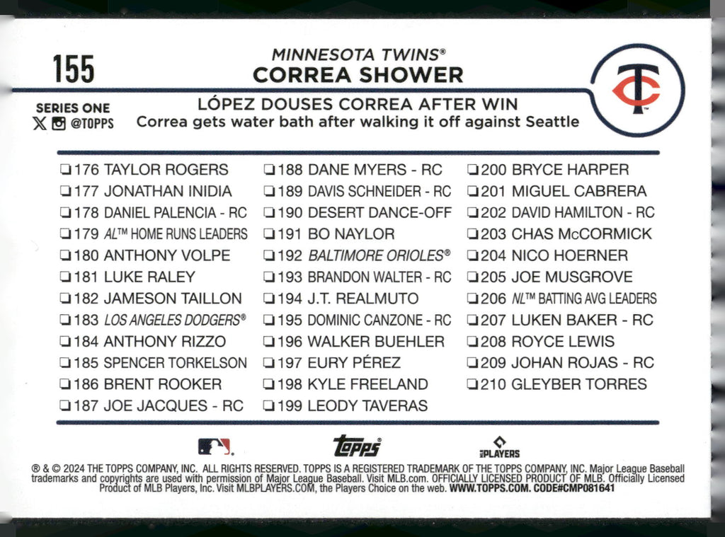 2024 Topps #155 Correa Shower: López Douses Correa After Win Holiday