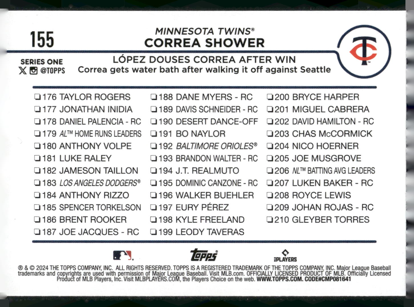2024 Topps #155 Correa Shower: López Douses Correa After Win Holiday