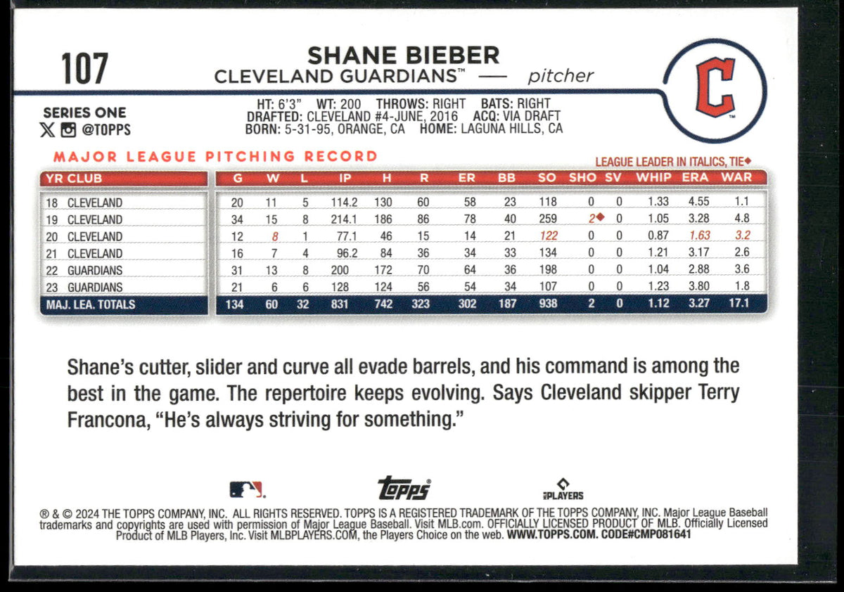 2024 Topps #107 Shane Bieber Holiday