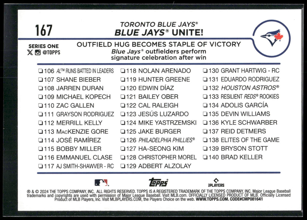 2024 Topps #167 Blue Jays Unite!: Outfield Hug Becomes Staple of Victory Holiday