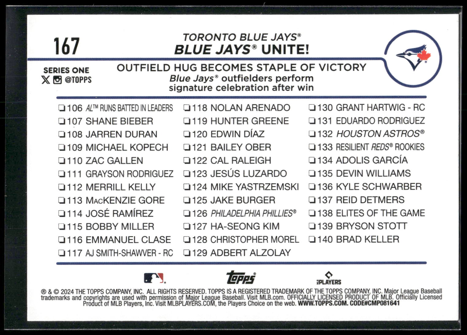 2024 Topps #167 Blue Jays Unite!: Outfield Hug Becomes Staple of Victory Holiday