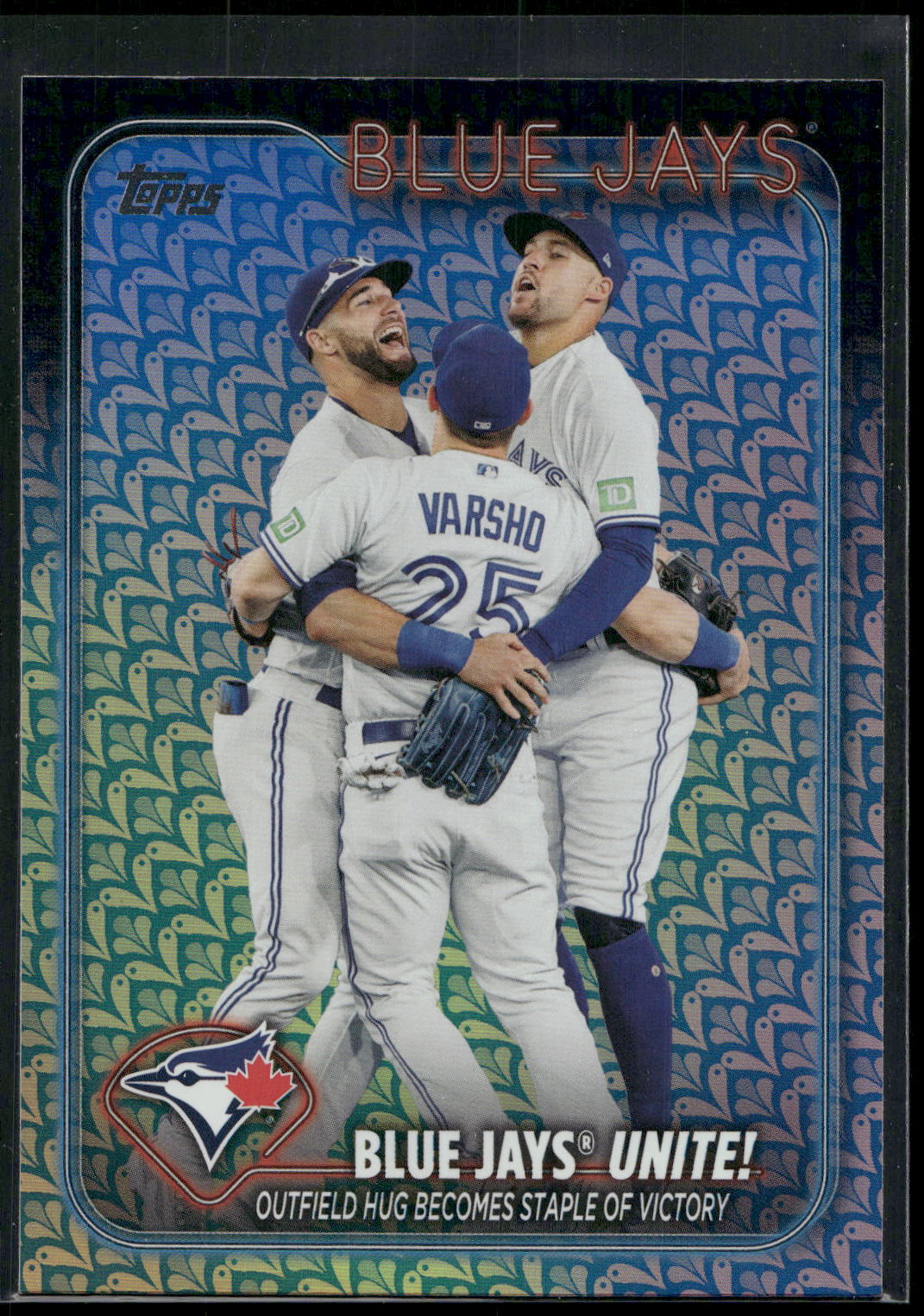 2024 Topps #167 Blue Jays Unite!: Outfield Hug Becomes Staple of Victory Holiday