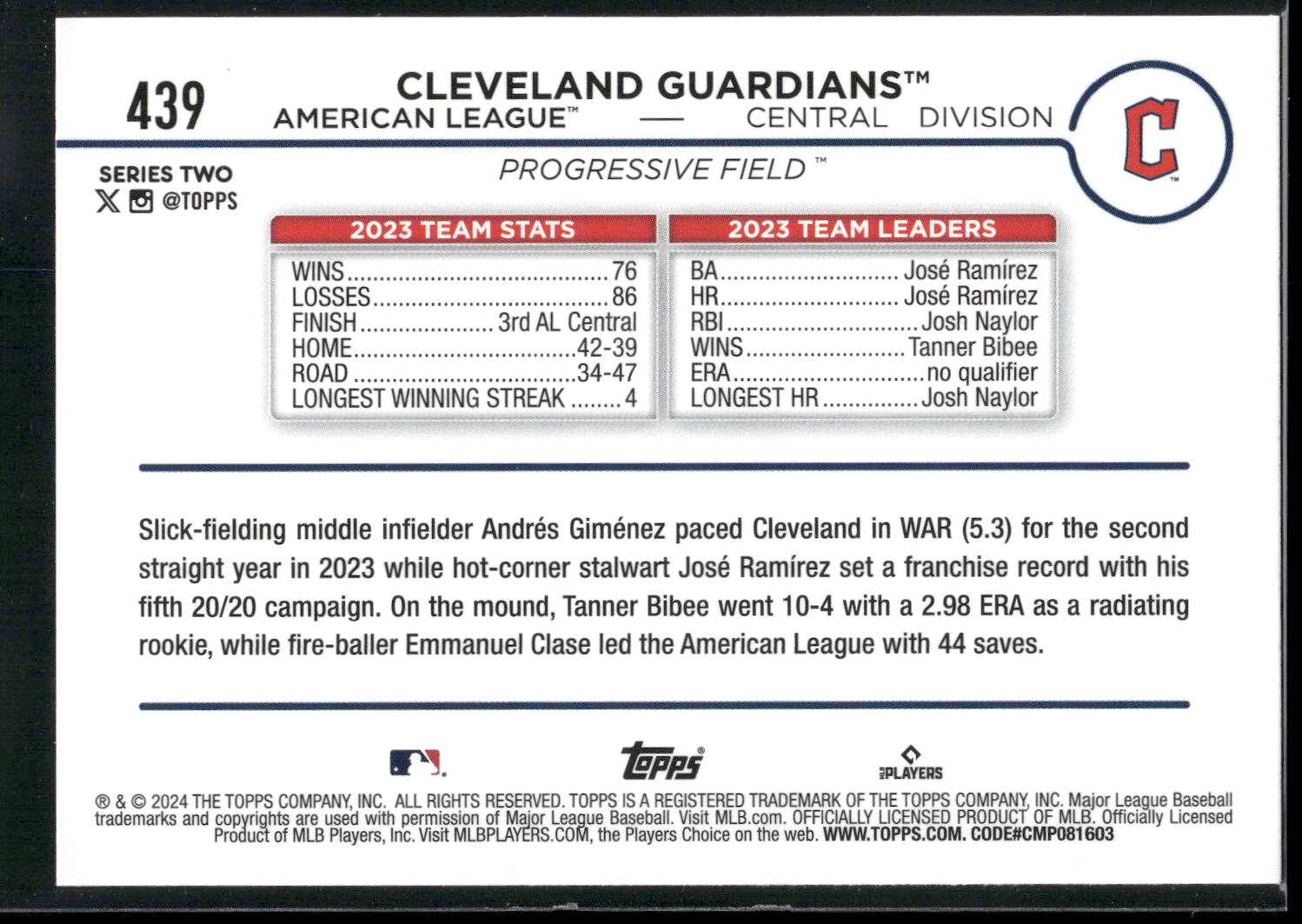 2024 Topps #439 Cleveland Guardians Holiday