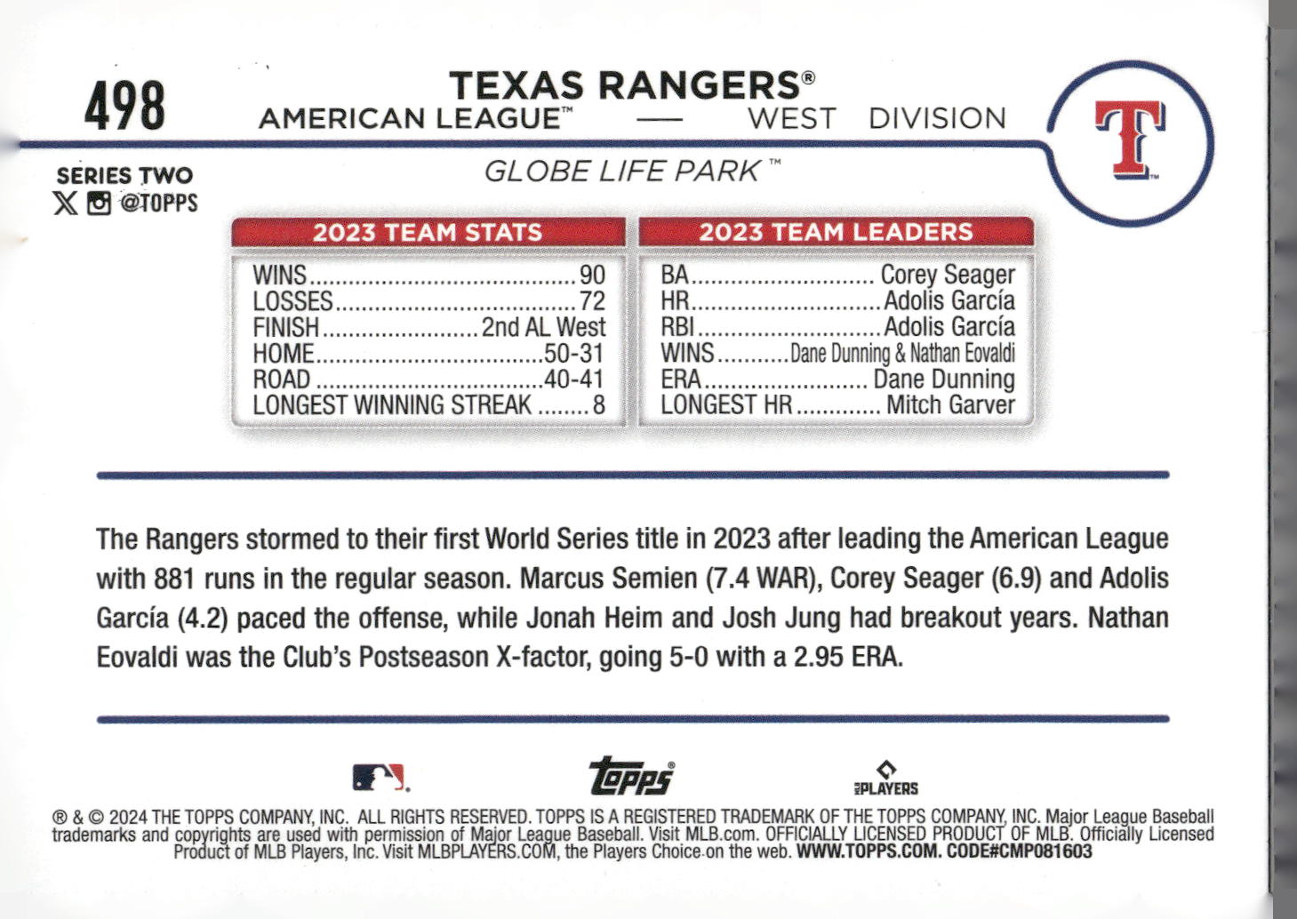 2024 Topps #498 Texas Rangers Holiday