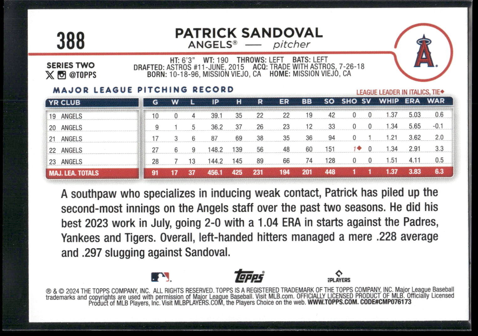 2024 Topps #388 Patrick Sandoval Yellow