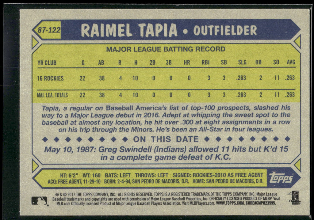 2017 Topps #87-122 Raimel Tapia 1987 Topps Baseball 30th Anniversary