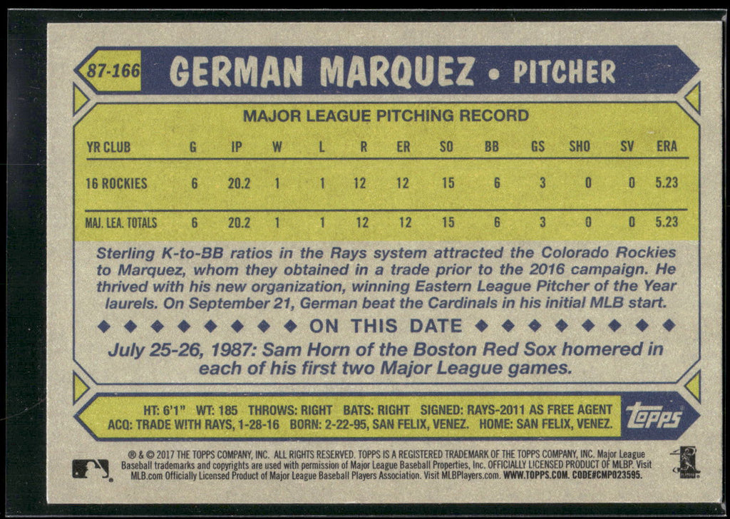 2017 Topps #87-166 German Marquez 1987 Topps Baseball 30th Anniversary