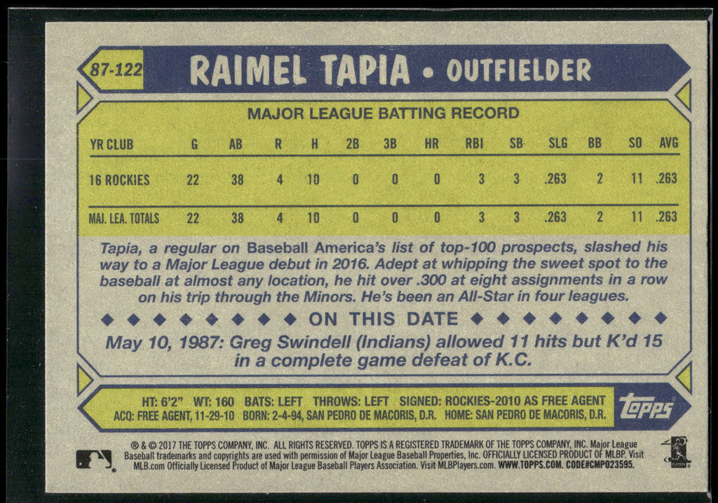 2017 Topps #87-122 Raimel Tapia 1987 Topps Baseball 30th Anniversary