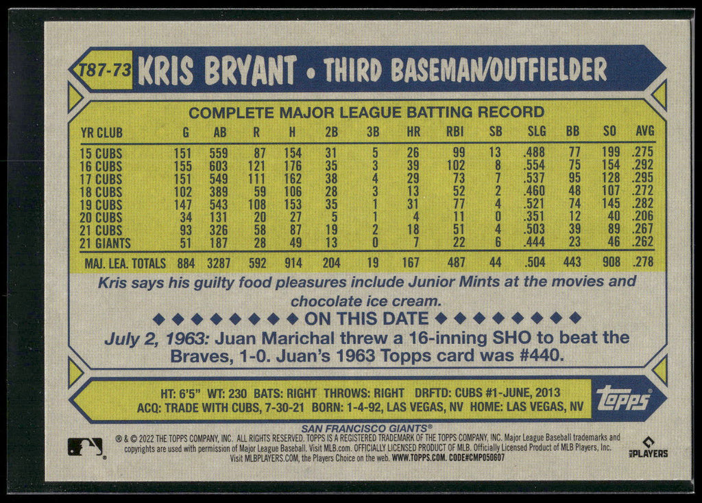 2022 Topps #T87-73 Kris Bryant 1987 Topps Baseball 35th Anniversary (Series One)