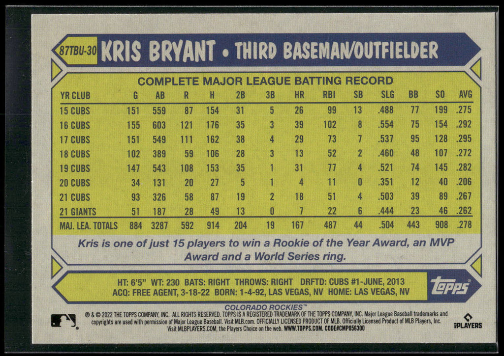 2022 Topps Update #87TBU-30 Kris Bryant 1987 Topps Baseball 35th Anniversary