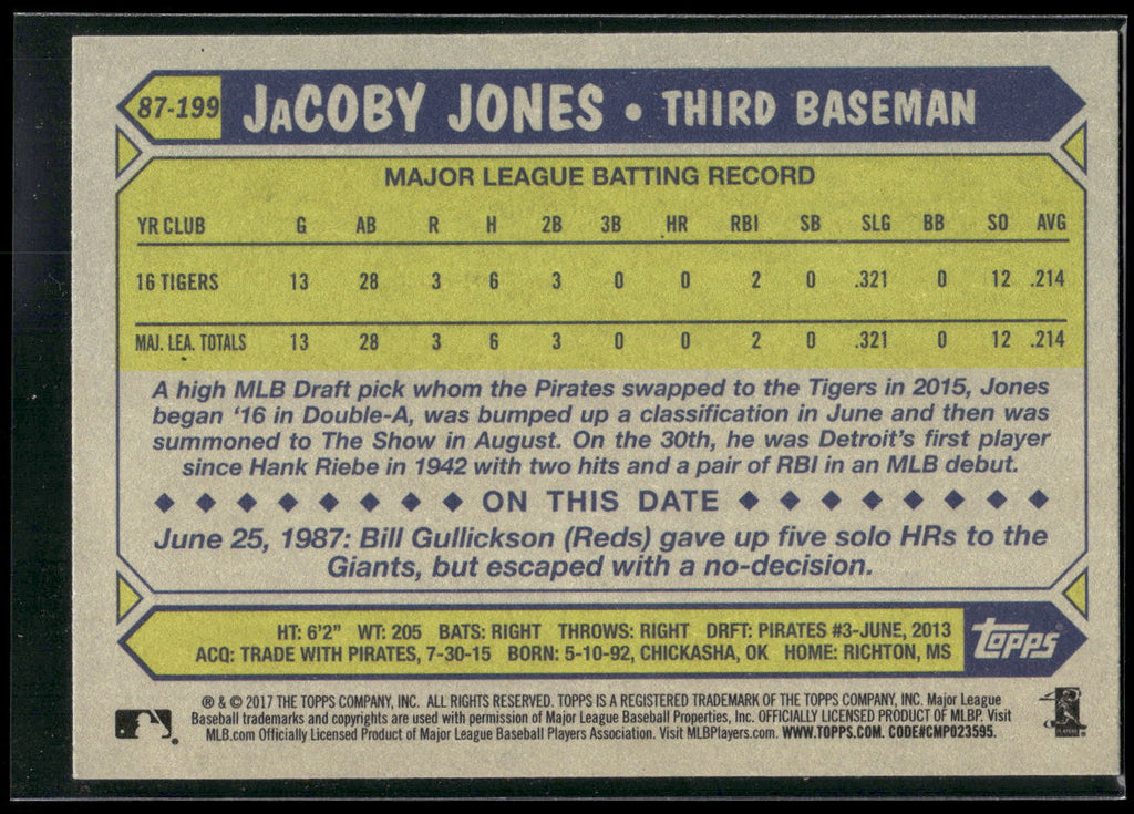 2017 Topps #87-199 JaCoby Jones 1987 Topps Baseball 30th Anniversary