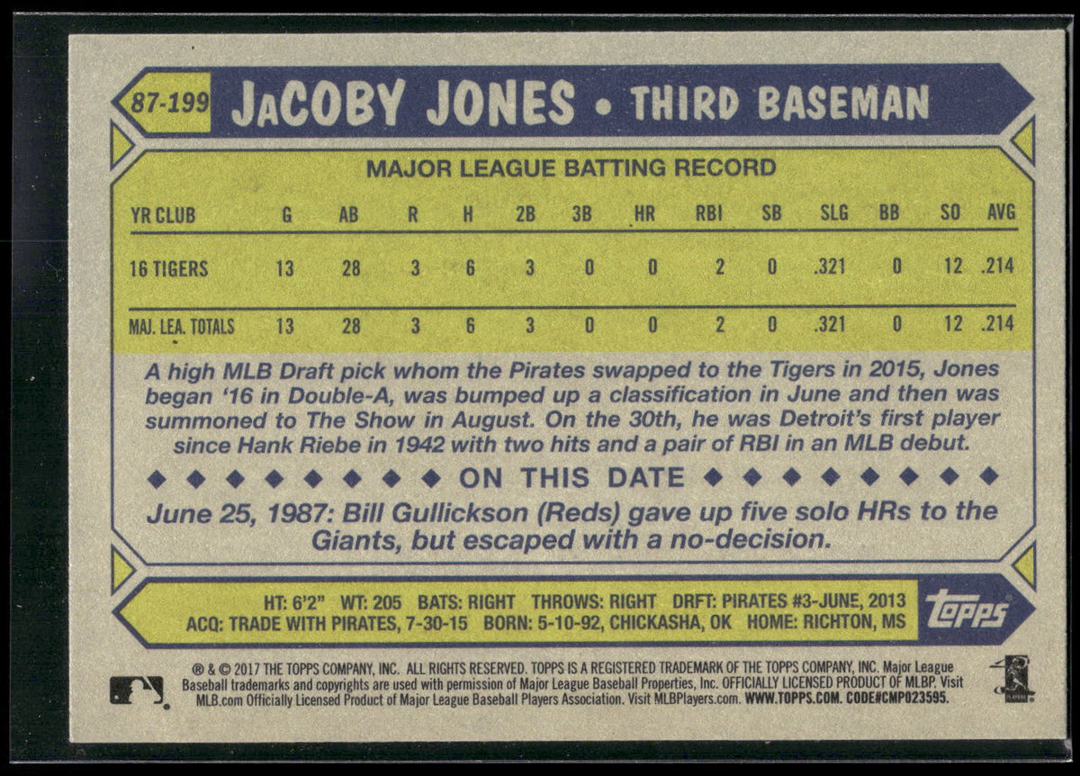 2017 Topps #87-199 JaCoby Jones 1987 Topps Baseball 30th Anniversary