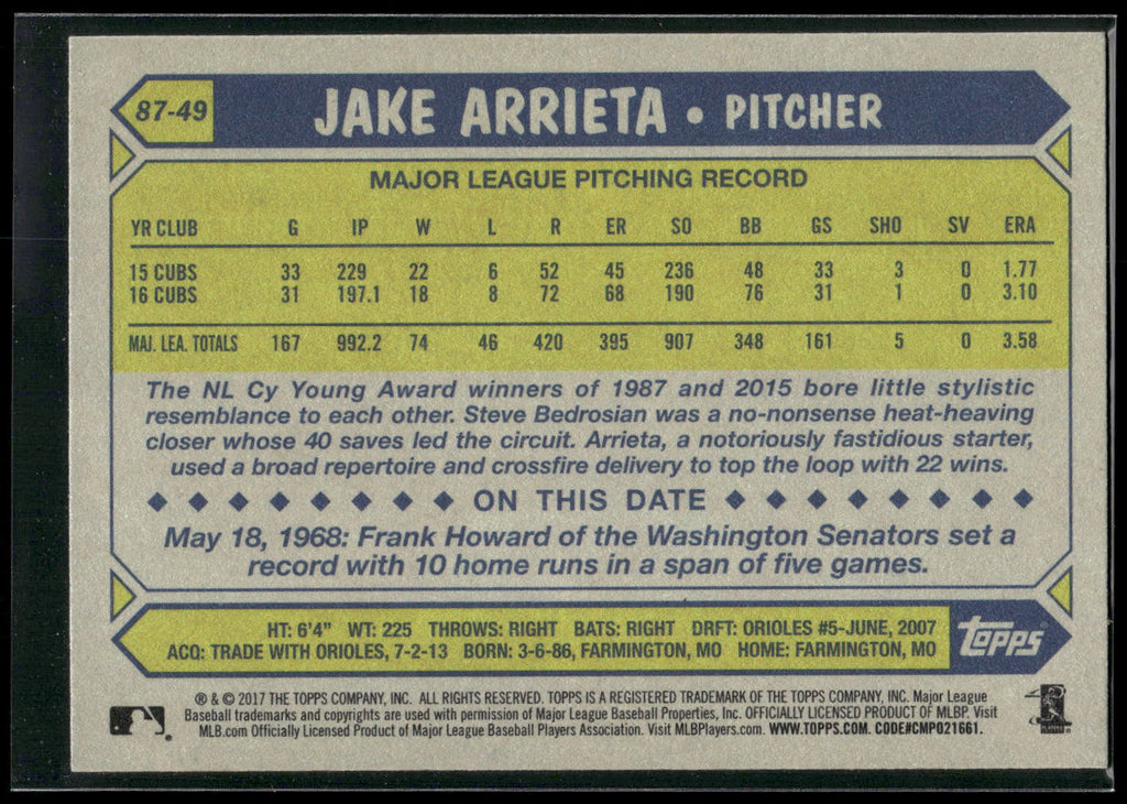 2017 Topps #87-49 Jake Arrieta 1987 Topps Baseball 30th Anniversary